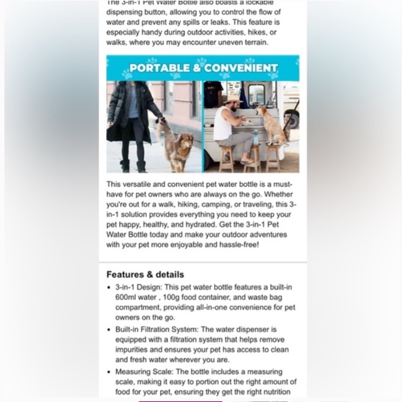 Geeebooc 3-in-1 Port Dog Water Bottle w/Food Container BPA Free N… - Picture 9 of 11